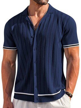 Men's Navy Blue Short Sleeve Knit Casual Button Down Vintage Striped Top Shirt